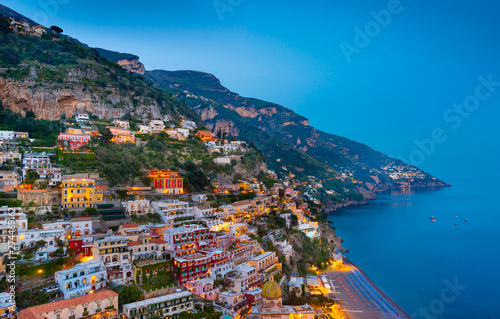 Sunset view of Positano town at Amalfi Coast, Italy.