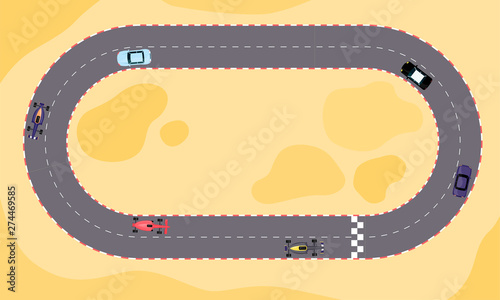 Race car speed competition on cartoon track from top view.
