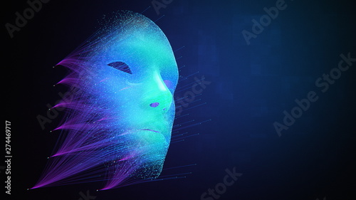 Artificial Intelligence abstract face created by neural network machine learning system, powered by big data, modern iot, DeepFake Virtual Assistant 3d illustration background photo
