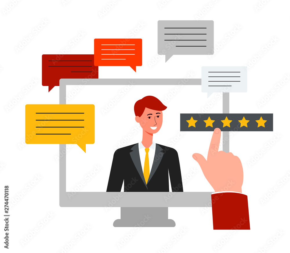Customer feedback - cartoon business man in suit in computer monitor ...