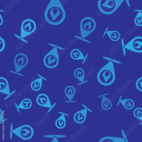 Blue Map pointer with fire flame icon isolated seamless pattern on blue background. Fire nearby. Vector Illustration