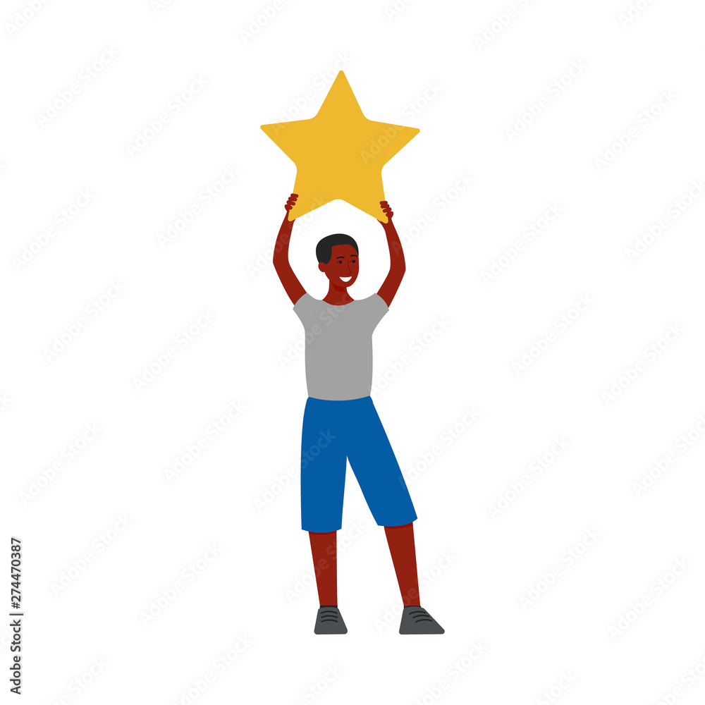 Black skin man holds a gold star flat cartoon vector illustration isolated. Black skin man holds a gold star flat cartoon vector illustration isolated.