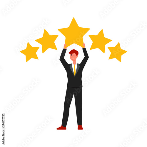 Happy cartoon businessman holding up one of yellow five star rating