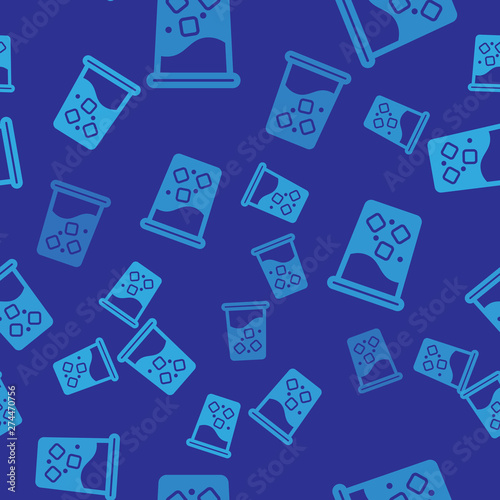 Blue Glass with water icon isolated seamless pattern on blue background. Soda drink glass. Fresh cold beverage symbol. Vector Illustration