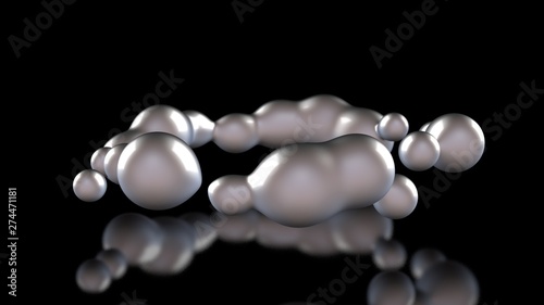 3D illustration of amorphous white drops of different shapes in space on a black reflective background. Abstract image for screensavers and background 3D rendering of futuristic object, glowing liquid