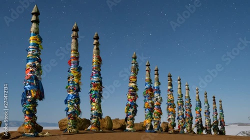 Shaman pillars on the island of Olkhon lake Baikal.