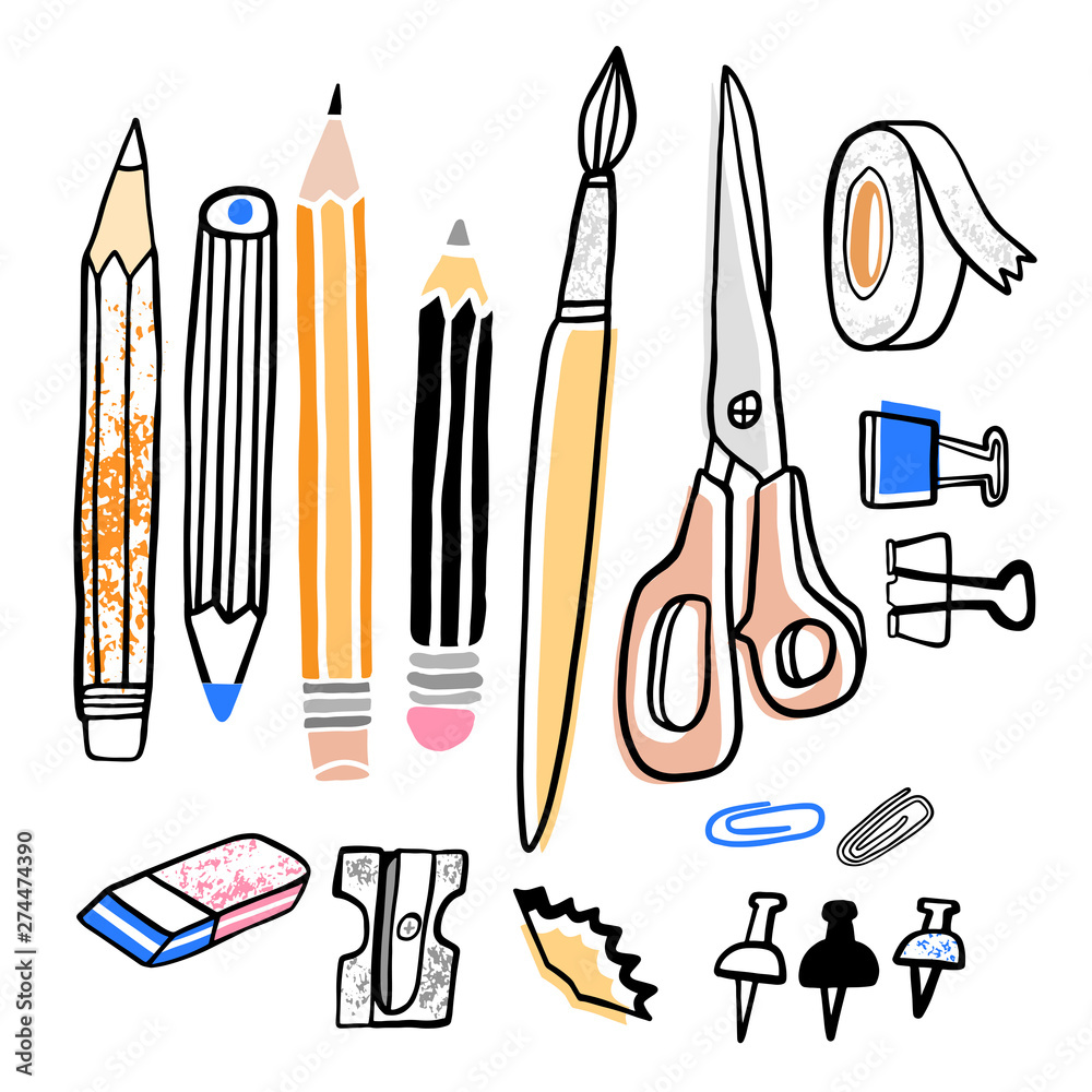 Collection of hand drawn stationery or writing utensils. Set of office and  art supplies isolated on white background - brush, pen, pencil, marker,  eraser, paint, sharpener. Vector illustration. Stock Vector