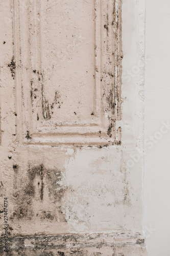 An old shabby pale pink and white door. Vintage and retro concept. Neutral background. © Floral Deco