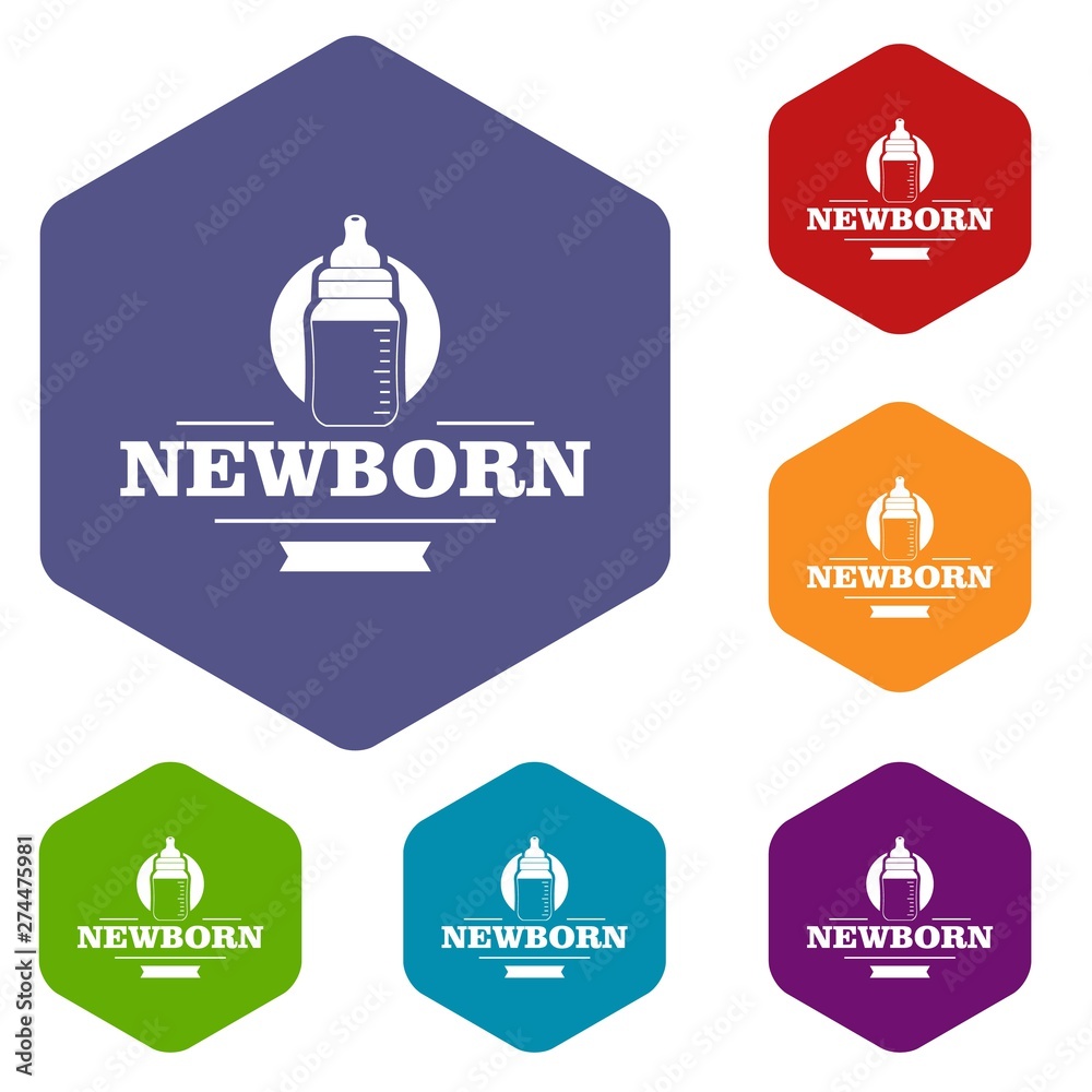 Newborn bottle icons vector colorful hexahedron set collection isolated on white