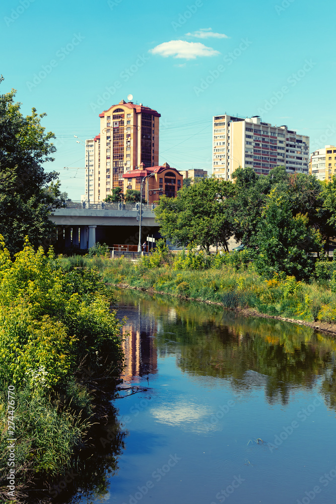 Pond in the city park with buildings on a background. Summer image.