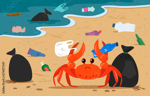sea crab entangled in plastic on the background of landfills and garbage bags on the beach. flat vector illustration