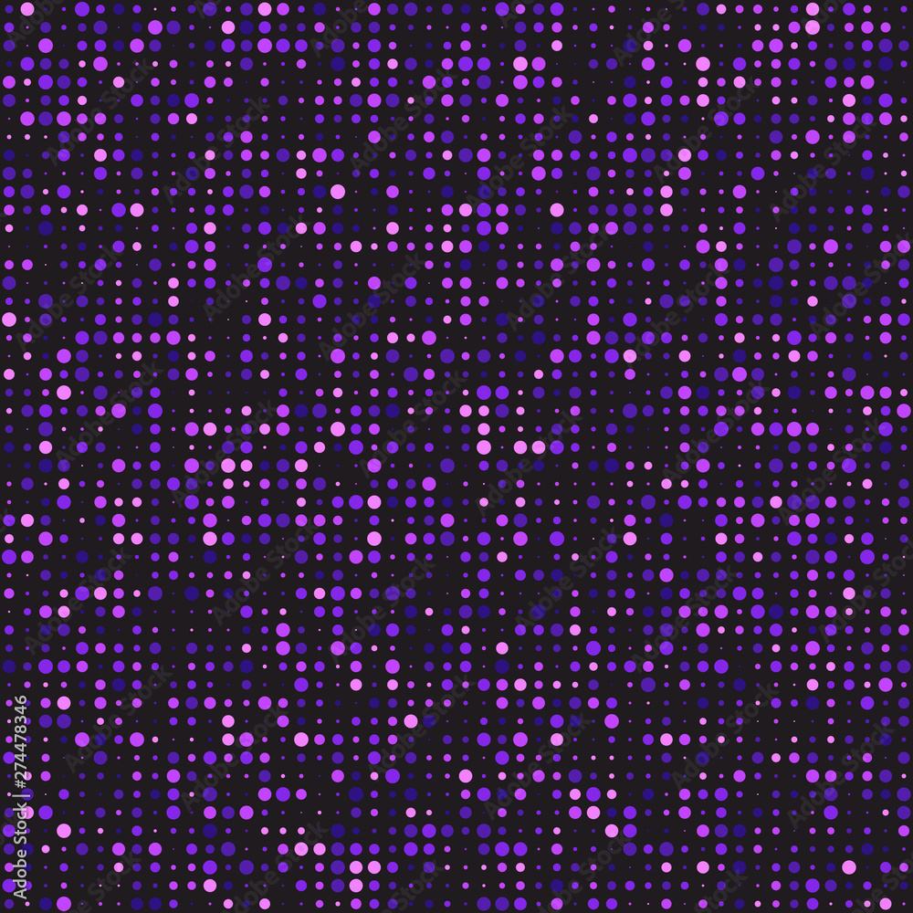 Seamless Pattern of Violet and Lilac Circles of Different Size on Dark Background.