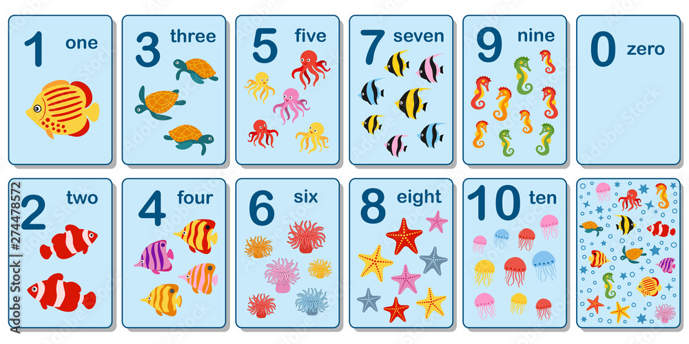 Printable flashcard collection for numbers from 0 to 10 for children on the sea animals and fish theme - obrazy, fototapety, plakaty 