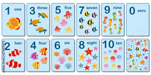 Printable flashcard collection for numbers from 0 to 10 for children on the sea animals and fish theme photo