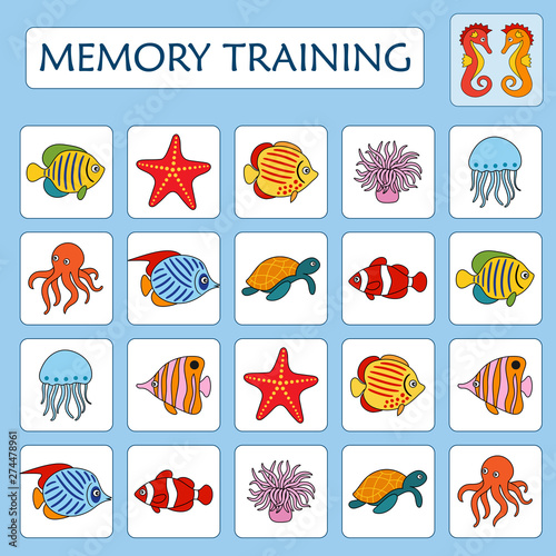Memory game for preschool children on the sea animals and fish theme