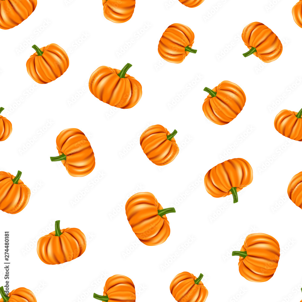 Seamless pattern of orange pumpkins with green stem on white background