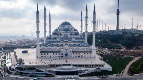 Aerial drone view of Big Camlica Mosque in Istanbul, Turkey photo