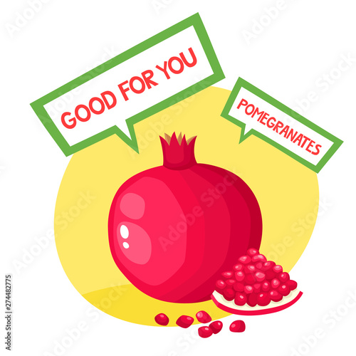 Vector illustration of organic badge with pomegranate isolated on white.