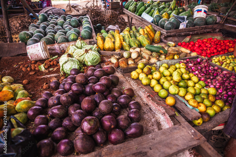 fruits and vegetables at the market on tropical island