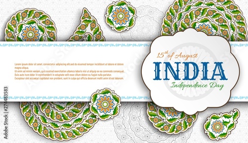 15th of August India Independence Day. Greeting card with arabesque floral pattern. Paisley and Mandala