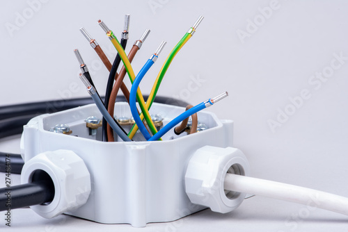 Fotografi Electrical junction box with cables close-up