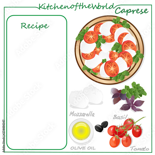 Vector illustration of menu delicious caprese salad with ripe tomatoes and mozzarella cheese with fresh basil leaves. Italian food isolated on white background.
