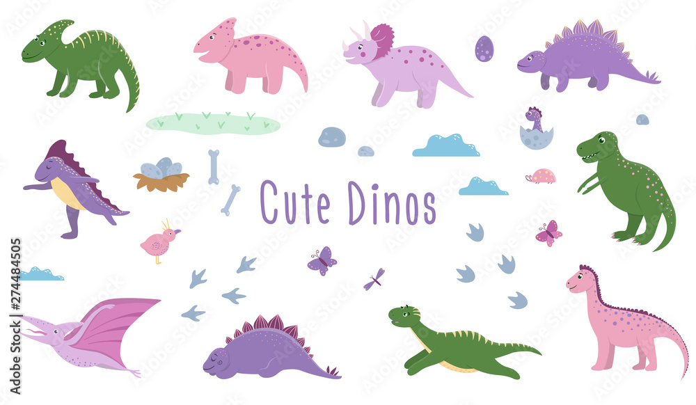 Vector set of cute dinosaurs with clouds, eggs, bones, birds for children. Dino flat cartoon characters. Cute prehistoric reptiles illustration.. Vector set of cute dinosaurs with clouds, eggs, bones, birds for children. Dino flat cartoon characters. Cute prehistoric reptiles illustration..