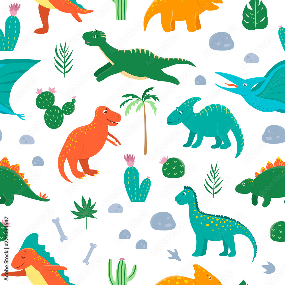 Vector seamless pattern with cute dinosaurs with palm trees, cactus, stones, footprints, bones for children. Dino flat cartoon characters background. Cute prehistoric reptiles illustration..