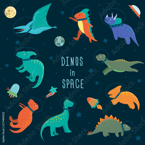 Vector set of cute dinosaurs in outer space. Funny flat cosmic dino characters background. Cute prehistoric reptiles illustration