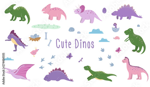 Vector set of cute dinosaurs with clouds, eggs, bones, birds for children. Dino flat cartoon characters. Cute prehistoric reptiles illustration..