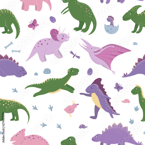 Fototapeta Naklejka Na Ścianę i Meble -  Vector seamless pattern with cute dinosaurs with clouds, eggs, bones, birds for children. Dino flat cartoon characters background. Cute prehistoric reptiles illustration..