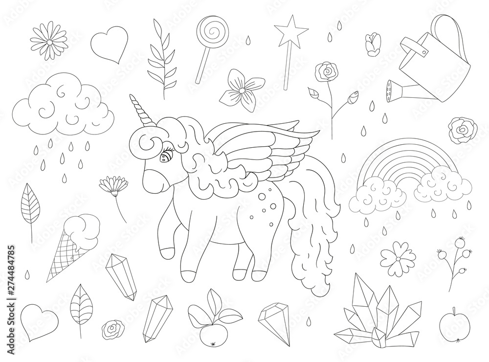 Vector set of cute unicorns, rainbow, clouds, crystals, hearts, flowers outlines. Sweet girlish illustration. Line drawing of fairytale magic garden.