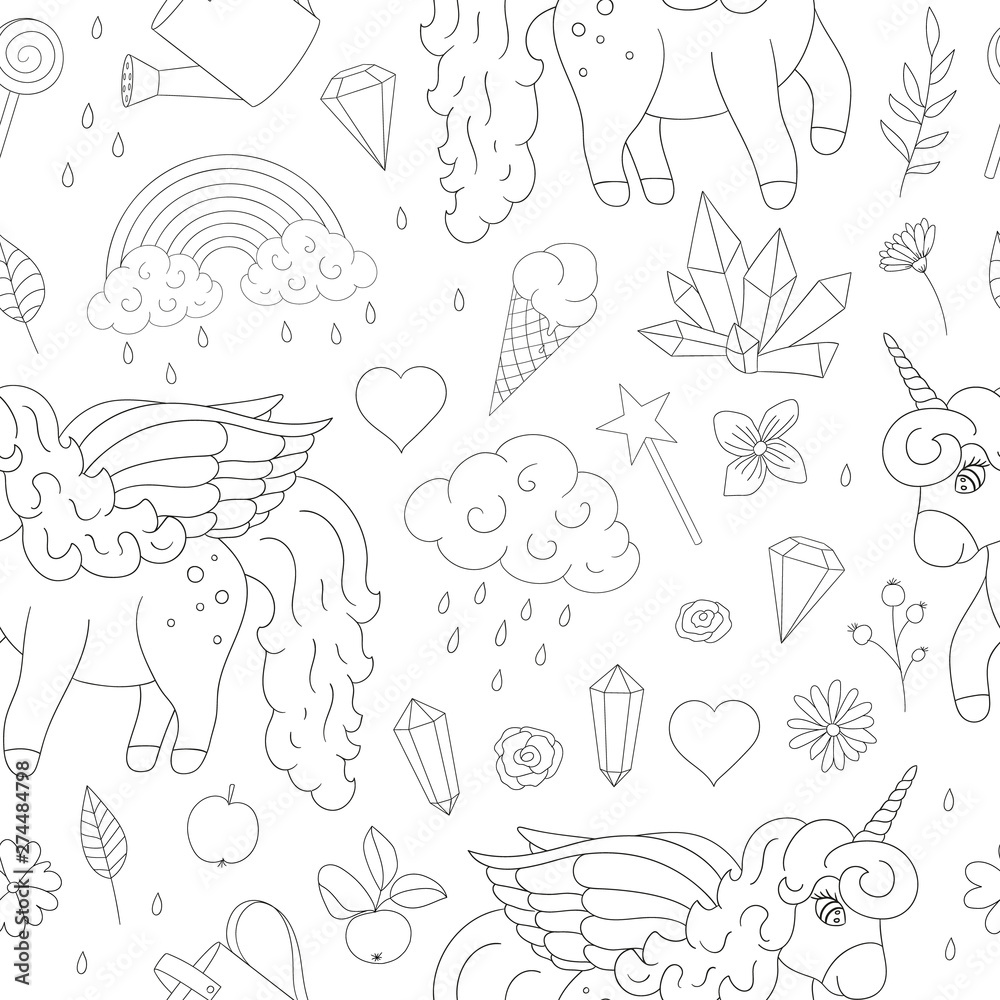 Vector seamless pattern of cute unicorns, rainbow, clouds, crystals, hearts, flowers outlines. Sweet girlish illustration. Line drawing of fairytale magic garden