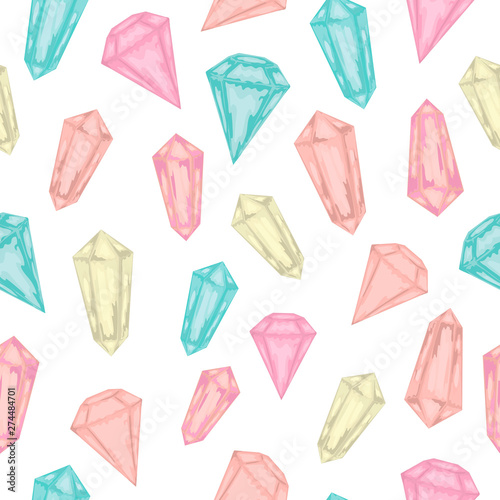 Vector seamless pattern with magic colored crystals on white background. Cute magical love watercolor style repeat background. Gem stones illustration .