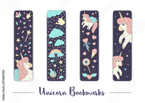 Vector set of bookmarks for children with unicorn theme. Cute rainbow, clouds, crystals, hearts on dark purple background. Vertical layout card templates. Stationery for kids.