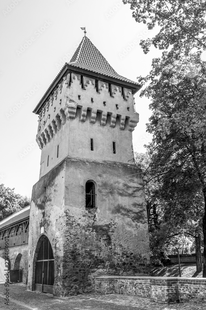 Sibiu historic defensive city wall fortified tower, Turnul Olarilor in Romania, Transylvania, black and white photography