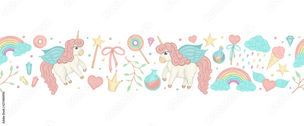 Vector seamless border brush with cute watercolor style unicorns, rainbow, clouds, donuts, crown, crystals, hearts. Sweet girlish illustration. Fairytale repeat background