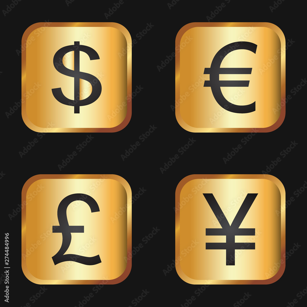Vector icon set: black currency icons on golden background - dollar, euro, pound, yen Vector icon set: black currency icons on golden background - dollar, euro, pound, yen