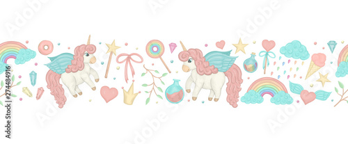 Vector seamless border brush with cute watercolor style unicorns, rainbow, clouds, donuts, crown, crystals, hearts. Sweet girlish illustration. Fairytale repeat background