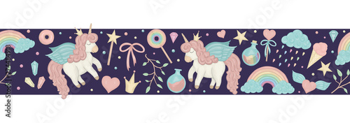 Vector seamless border brush with cute watercolor style unicorns, rainbow, clouds, donuts, crown, crystals, hearts on dark purple background. Sweet girlish illustration. Fairytale repeat background