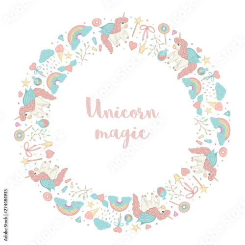 Vector round wreath with unicorn  rainbow  crown  star  cloud  crystals. Card template for children event. Girlish cute invitation or banner design..