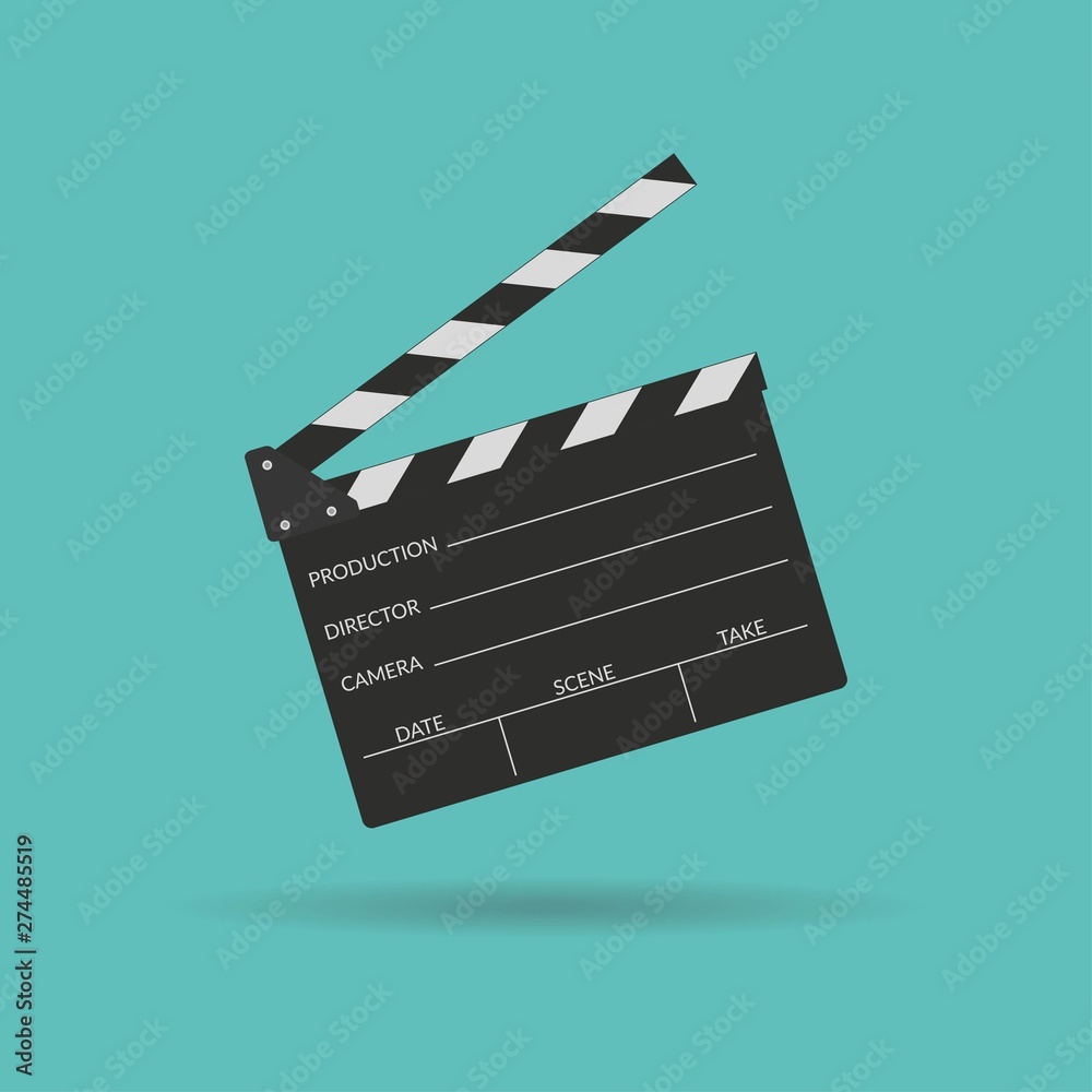 Obraz premium Ikona deska klakier w płaski. Film, kino, koncepcja symbolu filmu. Clapboard reżysera. Urządzenie filmowe.