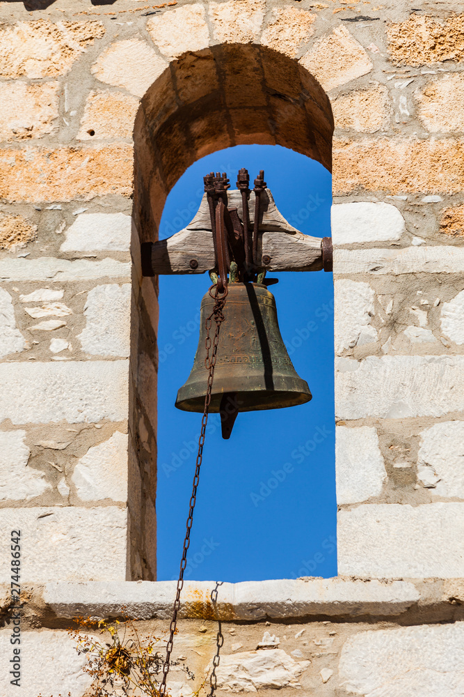 Fototapeta premium Detail of architecture belfry in Vathia town, Mani Greece.