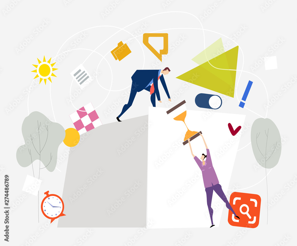 People, colleagues holding a bid banner with space for your text. Business background with icons and symbols People, colleagues holding a bid banner with space for your text. Business background with icons and symbols