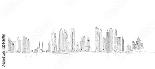 illustration of Dubai Marina view with skyscrapers. Detailed sketch  panoramic view