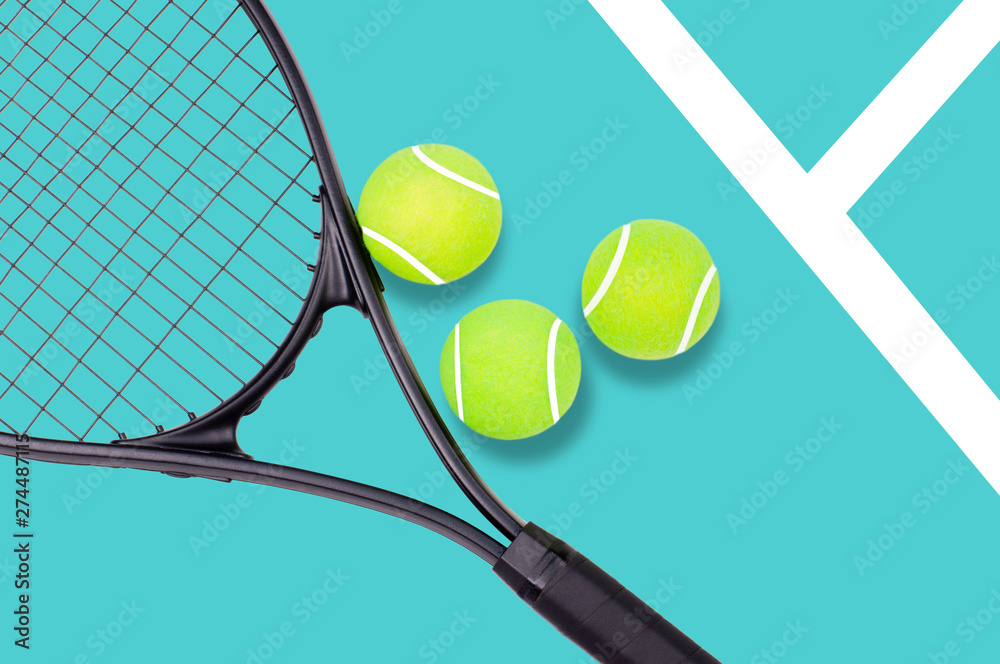 Tennis racket and ball sports on green background