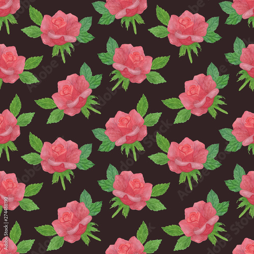 Red rose flower seamless pattern, hand drawn floral composition on the black background