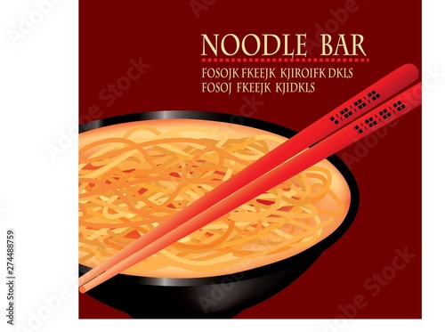 Bowl of noodle soup on red background