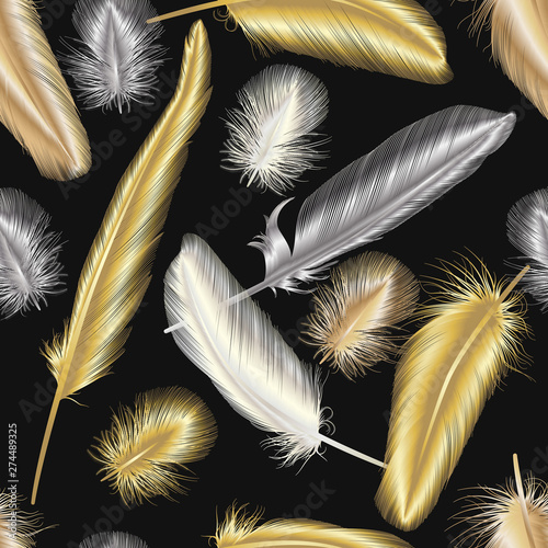 Seamless pattern with of gold and silver feather. Vector illustration. EPS 10