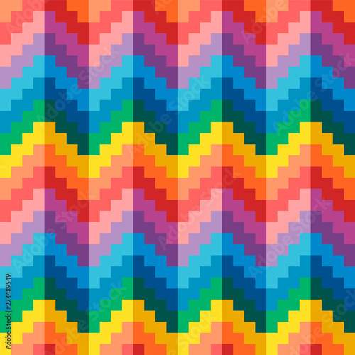 Seamless abstract geometric pixel rainbow zigzag vector pattern